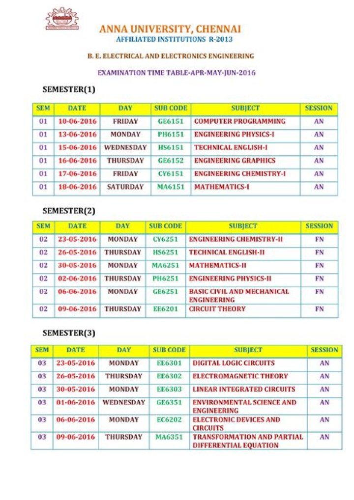Anna University BE Exam Timetable 2022 - 2023 Engineering Exam Timetable